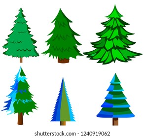 Set of Christmas trees. Isolated icon. Cartoon style. Vector illustration for christmas.