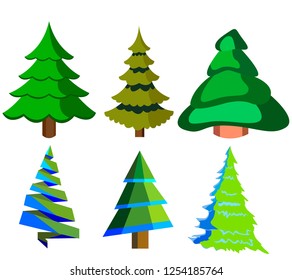 Set of Christmas trees. Isolated icon. Cartoon style. Vector illustration for christmas.