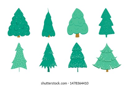 Set of Christmas trees isolated on white background. Christmas tree in cartoon style for postcards, banner, poster. Vector illustration
