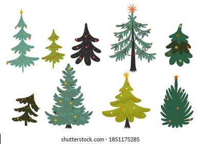 Set of Christmas trees isolated on a white background. Vector graphics.