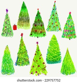 Set of Christmas  trees isolated on white background. Green colors. Christmas trees holidays. Vector illustration. Blue and ultramarine colors.