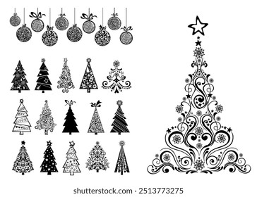 Conjunto de árboles de Navidad aislados sobre fondo blanco. Conjunto de decoración navideña: muchos Elementos caligráficos, trozos y piezas para embellecer sus diseños navideños. Ilustración vectorial