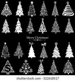 Set of Christmas Trees isolated on black background. 23 designs in one file. Vector illustration