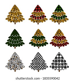 Set of Christmas trees leopard and buffalo plaid. A set of stylish Christmas trees with a variety of colors.