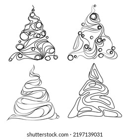 Conjunto de árboles de Navidad Dibujo de arte de línea elemento de diseño vectorial.Resumen árbol de Navidad en estilo de revestimiento de doodle,esbozo negro y blanco.Ilustración vectorial aislada.Emblema,logotipo,impresión,signo,diseño de línea de icono