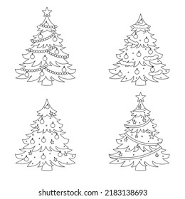 Set of Christmas trees in line style. Vector illustration.
