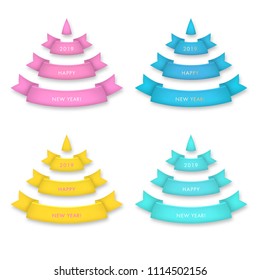 Set of Christmas trees made of realistic ribbons with shadow on plain background. Vector card. Pink, blue, yellow, turquoise and white colors