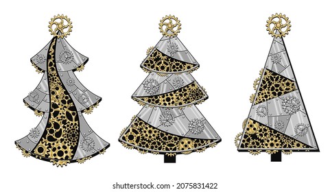 Set of christmas trees made of shiny silver metal plates, gold gears, cogwheels, rivets in steampunk style. Vector illustration.