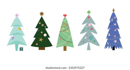 Set of Christmas trees. Merry Christmas 5 trees isolate on white background. 