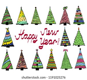 Set of christmas trees multicolored icons with the inscription happy new year