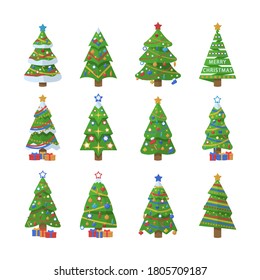 Set of Christmas trees. New Years and xmas traditional symbol tree with garlands, light bulb, star. Winter holiday. Vector illustration, EPS 10.