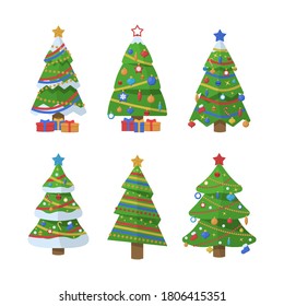 Set of Christmas trees. New Years and xmas traditional symbol tree with garlands, light bulb, star. Winter holiday. Vector illustration, EPS 10.