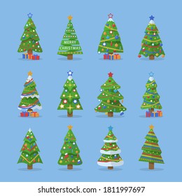 Set of Christmas trees. New Years and xmas traditional symbol tree with garlands, light bulb, star. Winter holiday. Vector illustration, EPS 10.