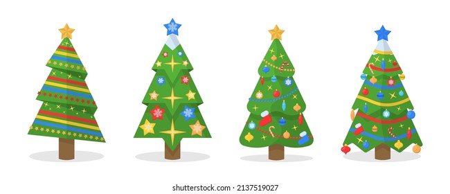 Set of Christmas trees. New Years and xmas traditional symbol tree with garlands, light bulb, star. Winter holiday. Vector illustration, EPS 10.