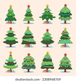 Set of Christmas trees. New Years and Xmas traditional symbol tree with Christmas ornaments, baubles, globes, star. Can be used for printed materials-posters, leaflets, business cards or for web.