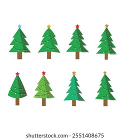 Set of Christmas trees. New Years and xmas traditional symbol tree with garlands, light bulb, star. Winter holiday.