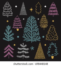 Set of Christmas trees on black background