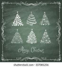 Set of Christmas Trees on the green  blackboard. Trendy Design Template on blackboard. Vector illustration.