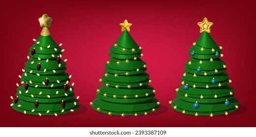 Set of Christmas trees on red background