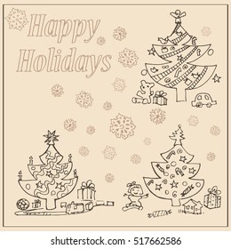 Set of the christmas trees on the snowflakes background.  New Year invitation card concept.