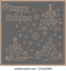 Set of the christmas trees on the snowflakes background.  New Year invitation card concept.