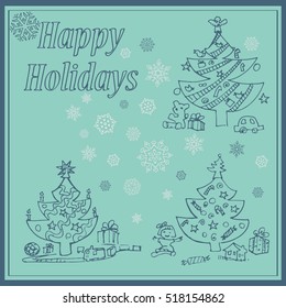 Set of the christmas trees on the snowflakes background. New Year invitation card concept.
