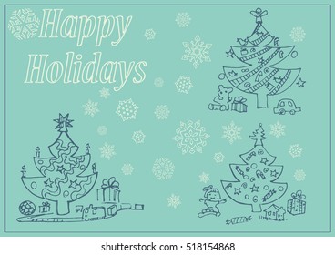 Set of the christmas trees on the snowflakes background. New Year invitation card concept.
