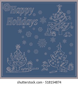 Set of the christmas trees on the snowflakes background. New Year invitation card concept.

