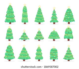 Set of Christmas trees on a white background. Cartoon fir trees in garlands. Can be used for printed products - flyers, posters, business cards. Vector illustration
