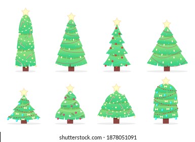 Conjunto de árboles de Navidad sobre un fondo blanco. Se puede usar para productos impresos - volantes, carteles, tarjetas de visita. Patrones sin inconvenientes. Ilustración del vector