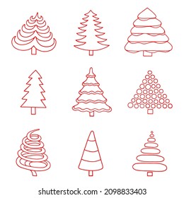 Conjunto de árboles de Navidad sobre un fondo blanco. Ilustración vectorial. Dibujo de esquema.