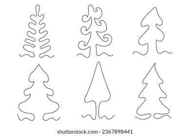 Set of Christmas trees in one line drawing style.