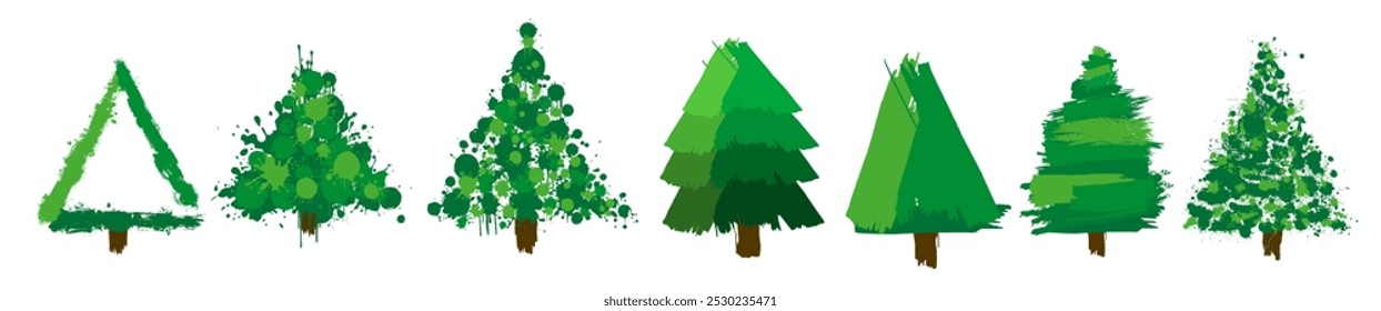 Set of Christmas trees from paint blots. hand drawing. Not AI, Vector illustrations.