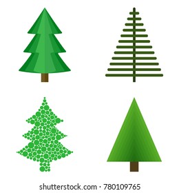 Set of Christmas trees painted in different styles isolated on white background. Vector illustration.