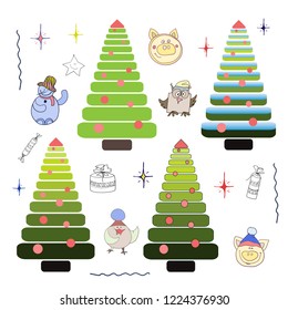 Set of Christmas trees piglets toys.Vector