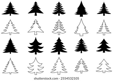 Set of Christmas trees, Christmas, Pine, tree line icon. Set of black Christmas tree icons silhouette design. Christmas trees icon, vector set. Pine tree icon, vector, silhouette set. Tree vector.
