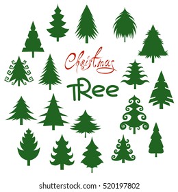 Set of Christmas trees. Pine tree silhouette isolated on white background.