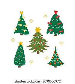 Árboles de Navidad, pinos estilo moderno dibujado a mano. Símbolos de vacaciones de invierno. Símbolo tradicional de Año Nuevo y Navidad con decoración y estrella. Diseño para banner, papel de embalaje, postal, afiche, web
