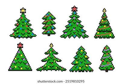 Set of Christmas Trees in Pixel Style. Vector Illustration