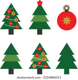 set of Christmas trees with a red ornament and a red star on the top	
