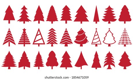 Set of christmas trees. Red christmas tree collection for celebration xmas and new year illustration. Icons collection