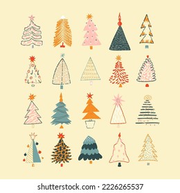 Set of Christmas trees in scandinavian style. New Years and xmas traditional symbol tree with garlands, snowflakes, light bulbs, stars. Vector hand drawn illustration. 