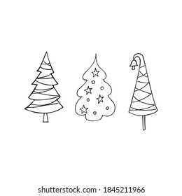Set of Christmas trees. Simple decorative elements for greeting cards, posters. Hand drawn vector illustration.