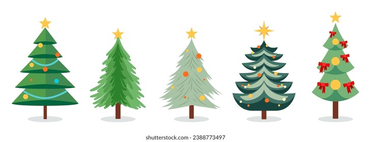 Set of Christmas trees in simple style for winter holidays. Xmas fir and pine collection.