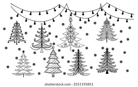 Conjunto de árboles de Navidad. Diseños sencillos de árboles de Navidad. Variedad de estilos de árboles de Navidad. Ilustraciones minimalistas del árbol de Navidad. Lindos garabatos de vacaciones aislados sobre fondo blanco.