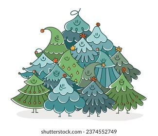 Juego de árboles de Navidad con sonrisa y decoraciones. Plantilla para diseño, tarjeta de saludo, invitación. Ilustración vectorial dibujada a mano.
