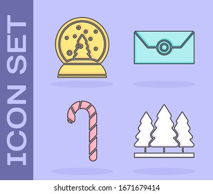 Set Christmas trees, Christmas snow globe, Christmas candy cane with stripes and Envelope with christmas party invitation card icon. Vector