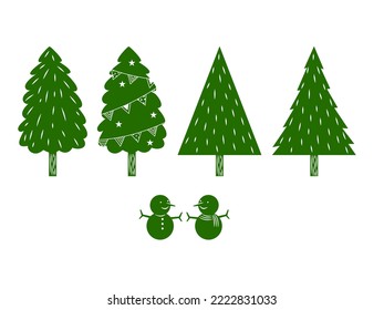 Set of christmas trees with snow mans in flat vector.