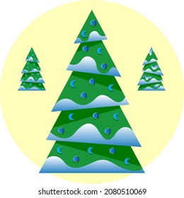 A set of Christmas trees in the snow. Stylized fir trees with decorations