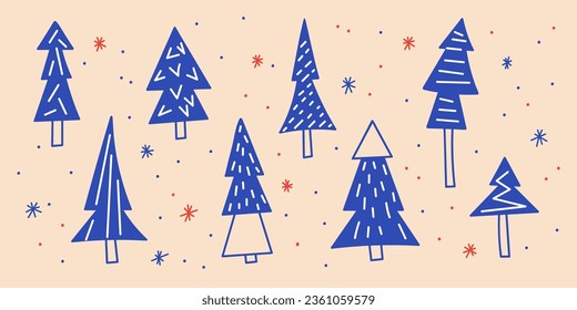 Conjunto de árboles de Navidad e ilustraciones de copos de nieve. Colección moderna de elementos vectores dibujados a mano para imprimir, afiches, publicaciones en medios sociales, ropa, pegatina